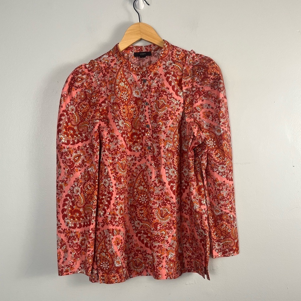 J. Crew Puff Sleeved Top Paisley pink size small cotton - Picture 2 of 6